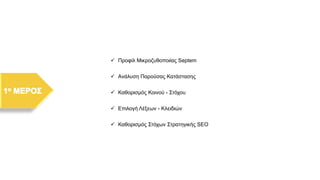 ✓ Προφίλ Μικροζυθοποιίας Septem
✓ Ανάλυση Παρούσας Κατάστασης
✓ Καθορισμός Κοινού - Στόχου
✓ Επιλογή Λέξεων - Κλειδιών
✓ Καθορισμός Στόχων Στρατηγικής SEO
 