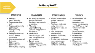 Ανάλυση SWOT
➢ Ελληνική
μικροζυθοποιία
➢ Παραγωγή μπύρας
craft
➢ Παραγωγή ποιοτικής,
φρέσκιας, μη
παστεριωμένης
μπύρας
➢ Διαφοροποίηση από
μπύρες μαζικής
παραγωγής
➢ Μοντέρνο βιοκλιματικό
ζυθοποιίο
➢ 35 διαφορετικές
βραβεύσεις από
διεθνείς διαγωνισμούς
➢ Μη σωστή αξιοποίηση
Μέσων Κοινωνικής
Δικτύωσης και εταιρικής
ιστοσελίδας
➢ Αδυναμία
χρηματοδότησης
μεγάλων διαφημιστικών
καμπάνιων
➢ Διαδεδομένη
πεποίθηση ότι η craft
είναι η ακριβή μπύρα
του εμπορίου
➢ Σχετικά μικρή
παραγωγή και μικρό
ποσοστό εξαγωγών στο
εξωτερικό
➢ Αύξηση κατανάλωσης
μπύρας craft στην
Ευρώπη
➢ Προτίμηση ποιότητας
και όχι ποσότητας
➢ Στροφή προς υγεία και
ευζωία
➢ Τάση αναζήτησης
μοναδικότητας
➢ Ανάδυση υπεύθυνου
καταναλωτή
➢ Οι millennials αδιάφοροι
προς παραδοσιακή
διαφήμιση, μεγάλα
brands και celebrities
➢ Μεγάλα brands και
πληρωμένες
διαφημίσεις στα
πρώτα αποτελέσματα
των SERP για τα high
volume keywords
➢ Αύξηση
μικροζυθοποιίων
στην Ελλάδα
➢ Περισσότερο
υποψιασμένοι
καταναλωτές
➢ Μείωση της
κατανάλωσης αλκοόλ
στην Ευρώπη
STRENGTHS WEAKNESSES OPPORTUNITIES THREATS
 