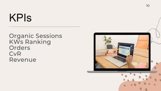 KPIs
10
Organic Sessions
KWs Ranking
Orders
CvR
Revenue
 