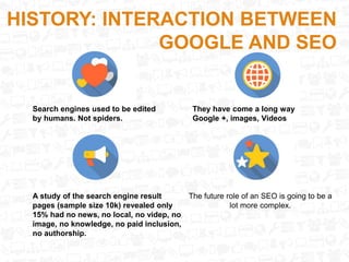 Search engines used to be edited
by humans. Not spiders.
They have come a long way
Google +, images, Videos
The future role of an SEO is going to be a
lot more complex.
A study of the search engine result
pages (sample size 10k) revealed only
15% had no news, no local, no videp, no
image, no knowledge, no paid inclusion,
no authorship.
HISTORY: INTERACTION BETWEEN
GOOGLE AND SEO
 