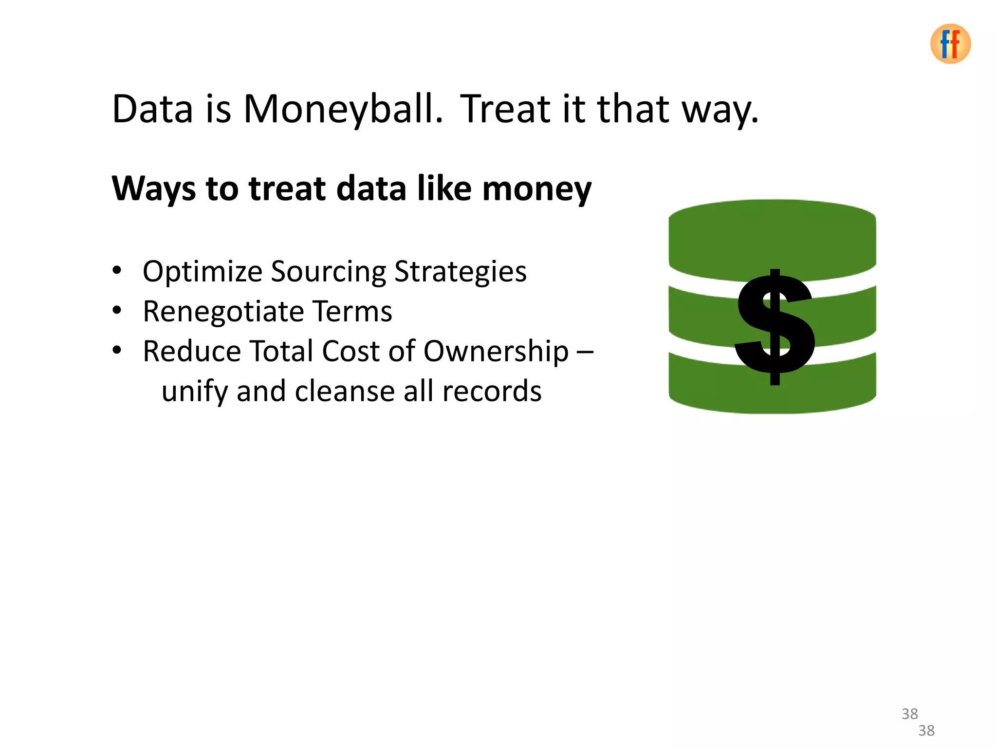 38
Data is Moneyball. Treat it that way.
Ways to treat data like money
• Optimize Sourcing Strategies
• Renegotiate Terms
• Reduce Total Cost of Ownership –
unify and cleanse all records
38
$
 
