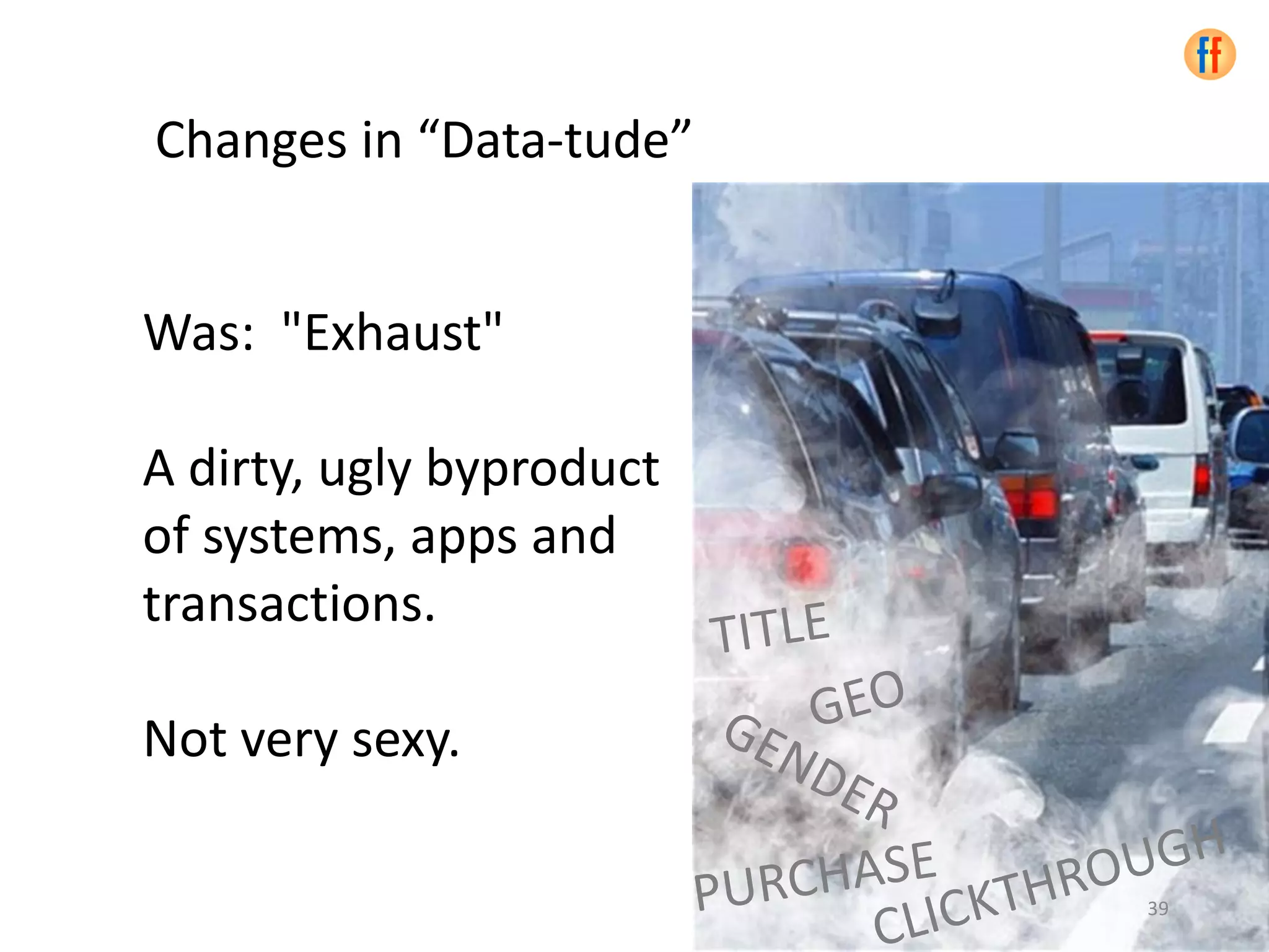 Was: "Exhaust"
A dirty, ugly byproduct
of systems, apps and
transactions.
Not very sexy.
Changes in “Data-tude”
39
 