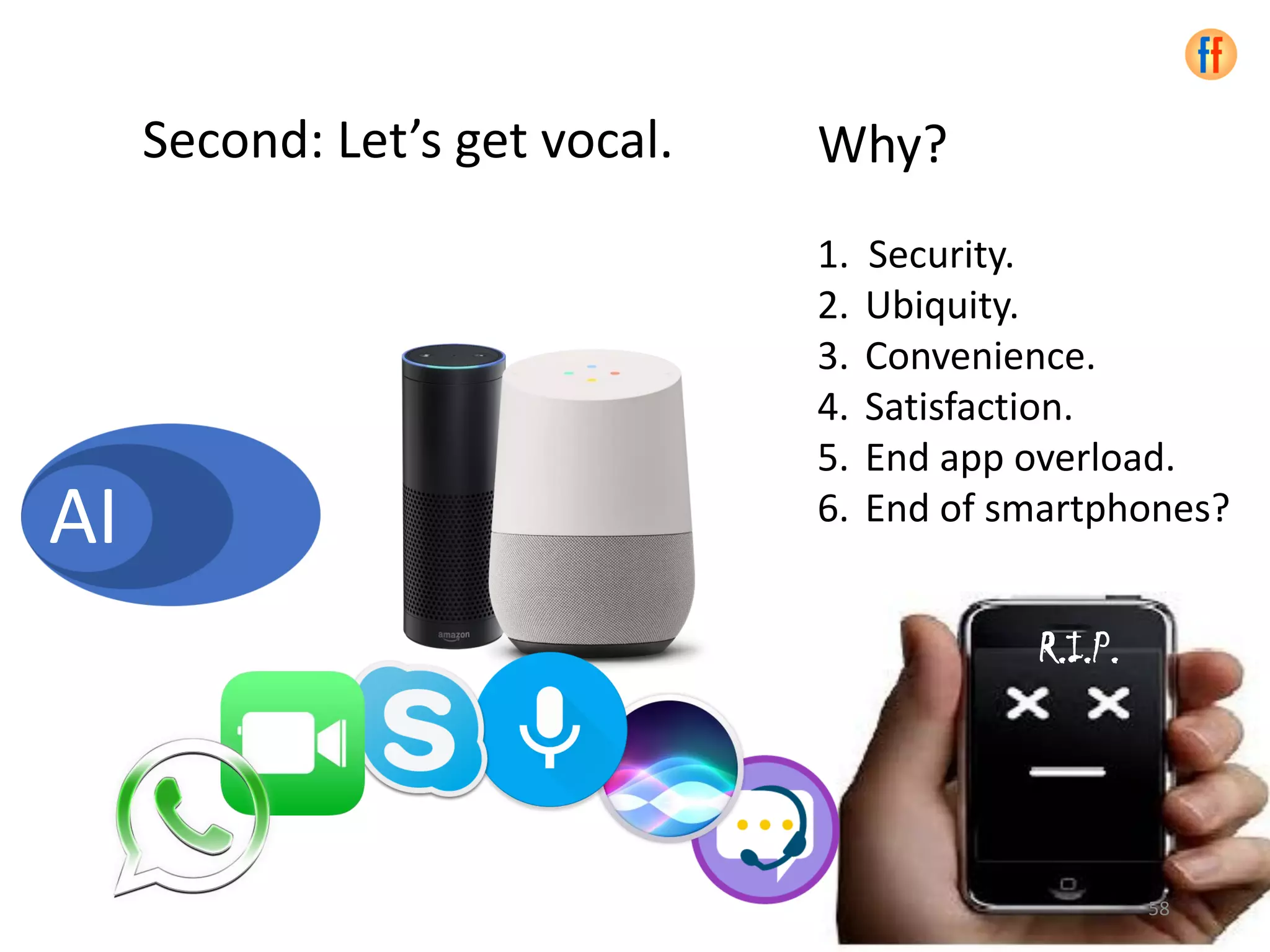 Second: Let’s get vocal. Why?
1. Security.
2. Ubiquity.
3. Convenience.
4. Satisfaction.
5. End app overload.
6. End of smartphones?
R.I.P.
AI
58
 