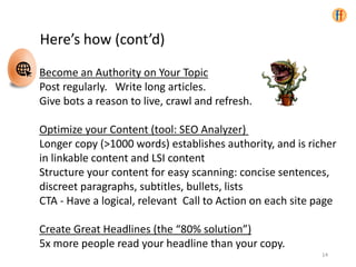 Become an Authority on Your Topic
Post regularly. Write long articles.
Give bots a reason to live, crawl and refresh.
Optimize your Content (tool: SEO Analyzer)
Longer copy (>1000 words) establishes authority, and is richer
in linkable content and LSI content
Structure your content for easy scanning: concise sentences,
discreet paragraphs, subtitles, bullets, lists
CTA - Have a logical, relevant Call to Action on each site page
Create Great Headlines (the “80% solution”)
5x more people read your headline than your copy.
Here’s how (cont’d)
14
 