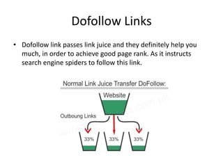 Dofollow Links
• Dofollow link passes link juice and they definitely help you
much, in order to achieve good page rank. As it instructs
search engine spiders to follow this link.
 