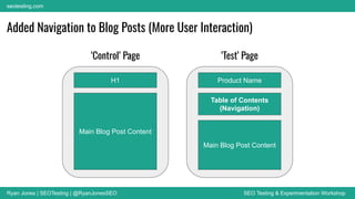 Ryan Jones | SEOTesting | @RyanJonesSEO SEO Testing & Experimentation Workshop
seotesting.com
‘Test’ Page
‘Control’ Page
H1
Added Navigation to Blog Posts (More User Interaction)
Main Blog Post Content
Product Name
Table of Contents
(Navigation)
Main Blog Post Content
 