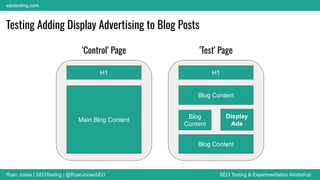 Ryan Jones | SEOTesting | @RyanJonesSEO SEO Testing & Experimentation Workshop
seotesting.com
‘Test’ Page
‘Control’ Page
H1
Testing Adding Display Advertising to Blog Posts
Main Blog Content
H1
Blog Content
Blog Content
Blog
Content
Display
Ads
 