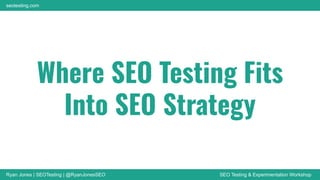 Ryan Jones | SEOTesting | @RyanJonesSEO SEO Testing & Experimentation Workshop
seotesting.com
Where SEO Testing Fits
Into SEO Strategy
 
