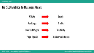 Ryan Jones | SEOTesting | @RyanJonesSEO SEO Testing & Experimentation Workshop
seotesting.com
Tie SEO Metrics to Business Goals
Clicks
Rankings
Indexed Pages
Page Speed
Leads
Traffic
Visibility
Conversion Rates
 