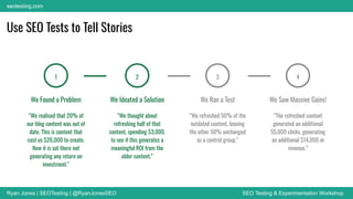 Ryan Jones | SEOTesting | @RyanJonesSEO SEO Testing & Experimentation Workshop
seotesting.com
Use SEO Tests to Tell Stories
1
We Found a Problem
“We realised that 20% of
our blog content was out of
date. This is content that
cost us $26,000 to create.
Now it is sat there not
generating any return on
investment.”
We Ideated a Solution
“We thought about
refreshing half of that
content, spending $3,000,
to see if this generates a
meaningful ROI from the
older content.”
2
We Ran a Test
“We refreshed 50% of the
outdated content, leaving
the other 50% unchanged
as a control group.”
3
We Saw Massive Gains!
“The refreshed content
generated an additional
55,000 clicks, generating
an additional $14,000 in
revenue.”
4
 
