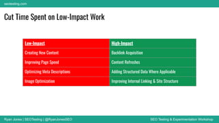 Ryan Jones | SEOTesting | @RyanJonesSEO SEO Testing & Experimentation Workshop
seotesting.com
Cut Time Spent on Low-Impact Work
Low-Impact High-Impact
Creating New Content Backlink Acquisition
Improving Page Speed Content Refreshes
Optimizing Meta Descriptions Adding Structured Data Where Applicable
Image Optimization Improving Internal Linking & Site Structure
 