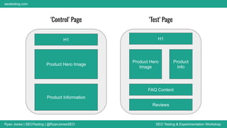 Ryan Jones | SEOTesting | @RyanJonesSEO SEO Testing & Experimentation Workshop
seotesting.com
‘Test’ Page
H1
Product Hero
Image
Product
Info
FAQ Content
Reviews
‘Control’ Page
H1
Product Hero Image
Product Information
 