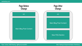 Ryan Jones | SEOTesting | @RyanJonesSEO SEO Testing & Experimentation Workshop
seotesting.com
Page After
Change
Page Before
Change
H1
Main Blog Post Content
H1
Main Blog Post Content
New FAQ Section
 