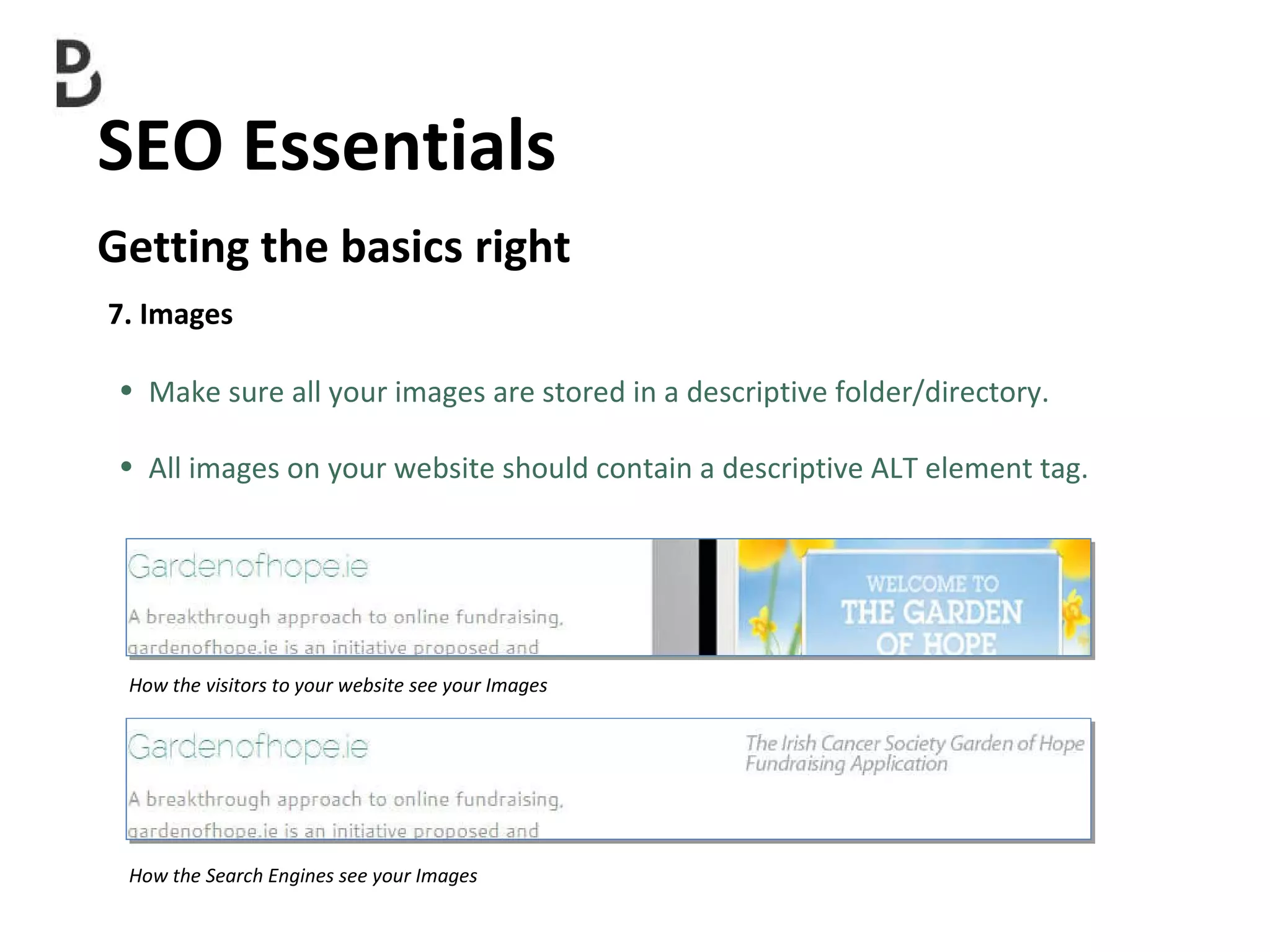 SEO Essentials  Getting the basics right 7. Images Make sure all your images are stored in a descriptive folder/directory. All images on your website should contain a descriptive ALT element tag. How the Search Engines see your Images How the visitors to your website see your Images 