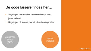 Jeres
indhold
De gode læsere findes her…
• Søgninger der matcher læsernes behov med
jeres indhold
• Søgninger på temaer, hvor I vil sætte dagsorden
Brugernes
behov
(SEO)
 