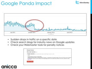 @AnnStanley
Google Panda Impact
• Sudden drops in traffic on a specific date
• Check search blogs for industry news on Google updates
• Check your Webmaster tools for penalty notices
 