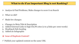 What to do if an Important Blog is not Ranking?
 Analyze & Find Problems; Make changes to score it on Search
 What we did?
 Made few changes:
1. Changes in Meta Title & Description
2. Added External Links to high DA/PA sites (2 to 3 links per 1000 words)
3. Heading & Sub-heading
4. Added an Infographic
 Issue of Duplicate Content?
 Publish your updated content on the same URL
 