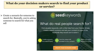 What do your decision makers search to find your product
or service?
 Create a scenario for someone to
search for. Basically, you’re asking
someone to search for what you
sell
 
