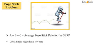 Pogo Stick
Problem
 A + B + C = Average Pogo Stick Rate for the SERP
 Great Sites/ Pages have low rate
 