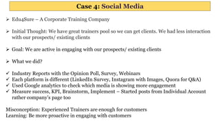 Case 4: Social Media
 Edu4Sure – A Corporate Training Company
 Initial Thought: We have great trainers pool so we can get clients. We had less interaction
with our prospects/ existing clients
 Goal: We are active in engaging with our prospects/ existing clients
 What we did?
 Industry Reports with the Opinion Poll, Survey, Webinars
 Each platform is different (LinkedIn Survey, Instagram with Images, Quora for Q&A)
 Used Google analytics to check which media is showing more engagement
 Measure success, KPI, Brainstorm, Implement – Started posts from Individual Account
rather company’s page too
Misconception: Experienced Trainers are enough for customers
Learning: Be more proactive in engaging with customers
 