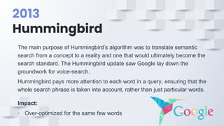2013
Hummingbird
The main purpose of Hummingbird’s algorithm was to translate semantic
search from a concept to a reality and one that would ultimately become the
search standard. The Hummingbird update saw Google lay down the
groundwork for voice-search.
Hummingbird pays more attention to each word in a query, ensuring that the
whole search phrase is taken into account, rather than just particular words.
Impact:
• Over-optimized for the same few words
 