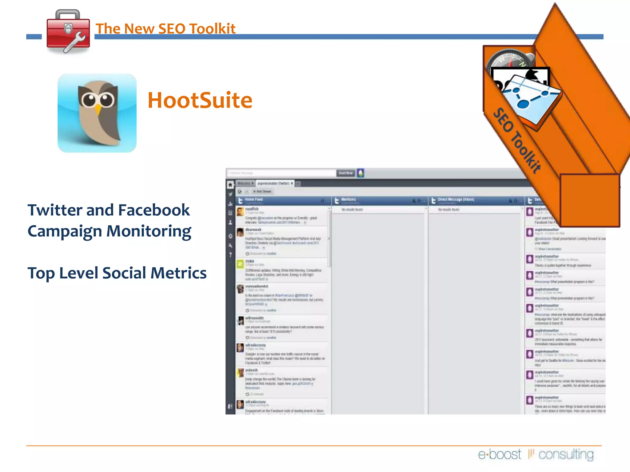 The New SEO ToolkitHootSuiteSEO ToolkitTwitter and Facebook Campaign MonitoringTop Level Social Metrics