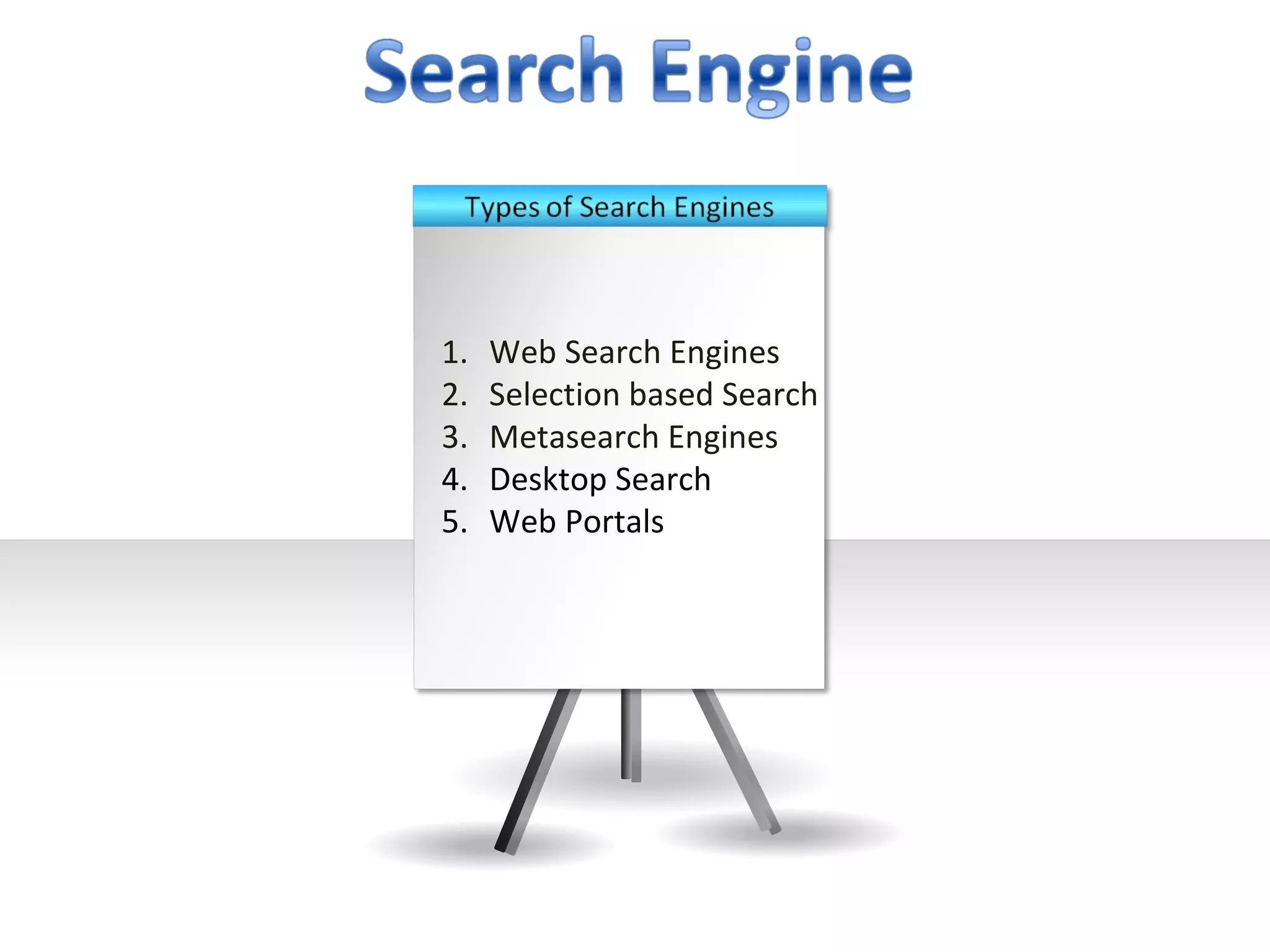 1.   Web Search Engines
2.   Selection based Search
3.   Metasearch Engines
4.   Desktop Search
5.   Web Portals
 