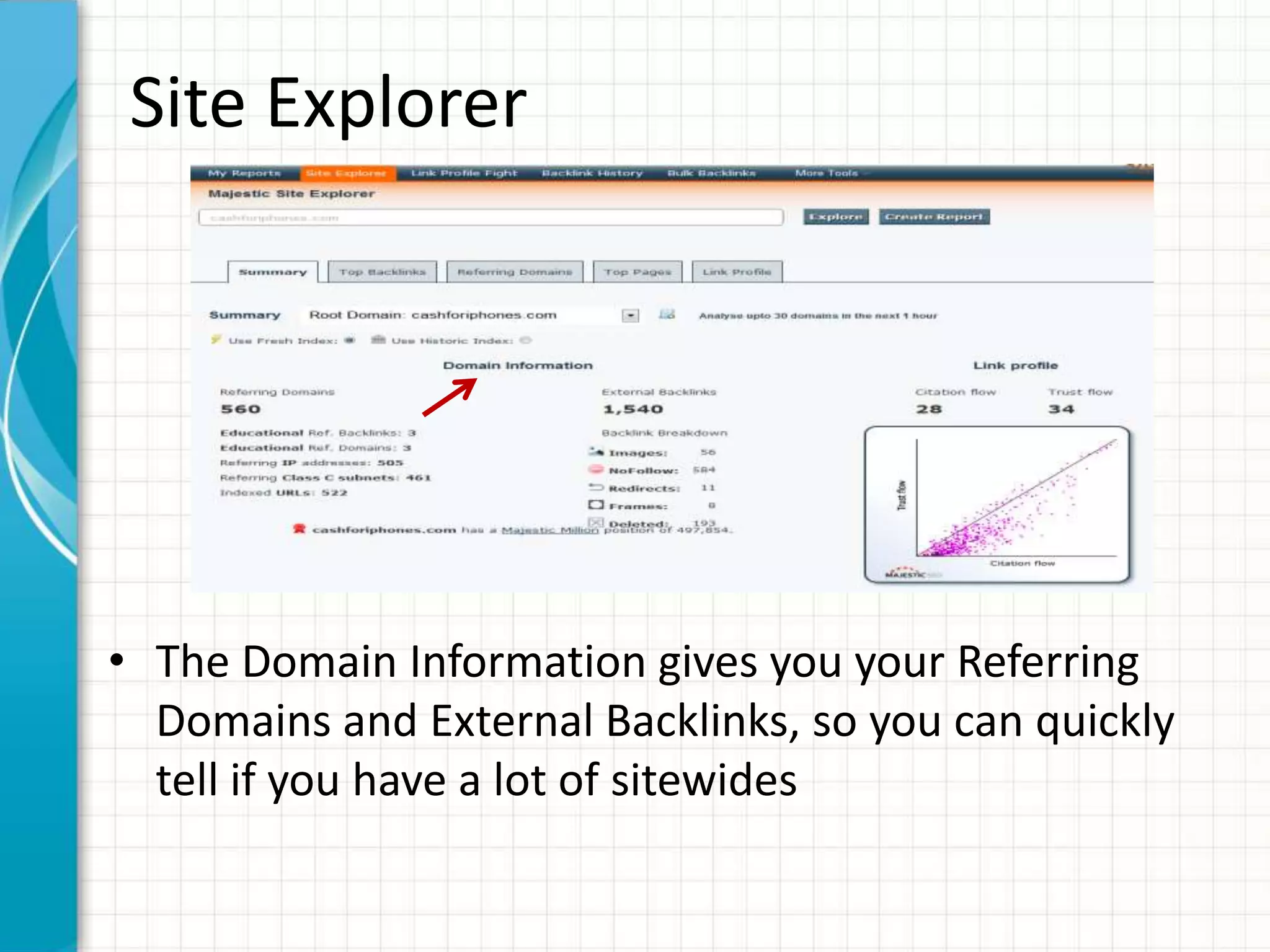 Site Explorer




• The Domain Information gives you your Referring
  Domains and External Backlinks, so you can quickly
  tell if you have a lot of sitewides
 