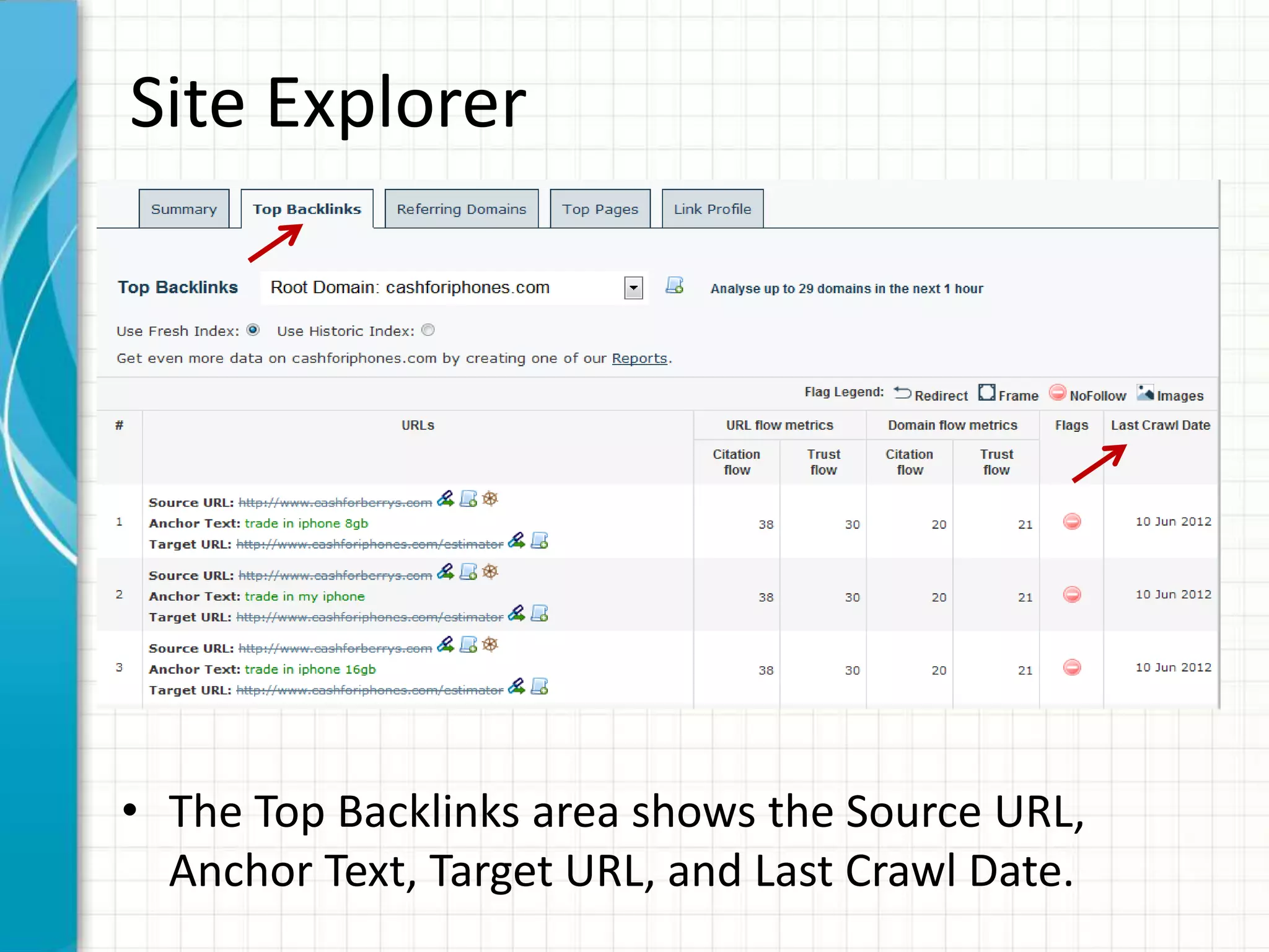 Site Explorer




• The Top Backlinks area shows the Source URL,
  Anchor Text, Target URL, and Last Crawl Date.
 
