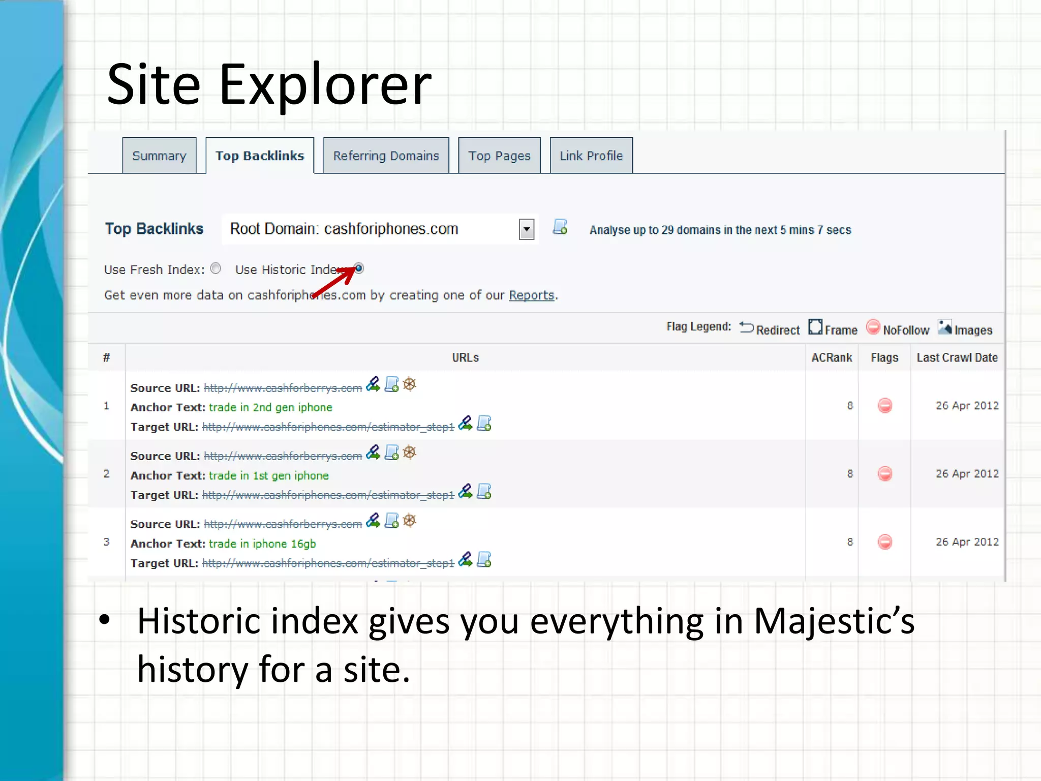 Site Explorer




• Historic index gives you everything in Majestic’s
  history for a site.
 