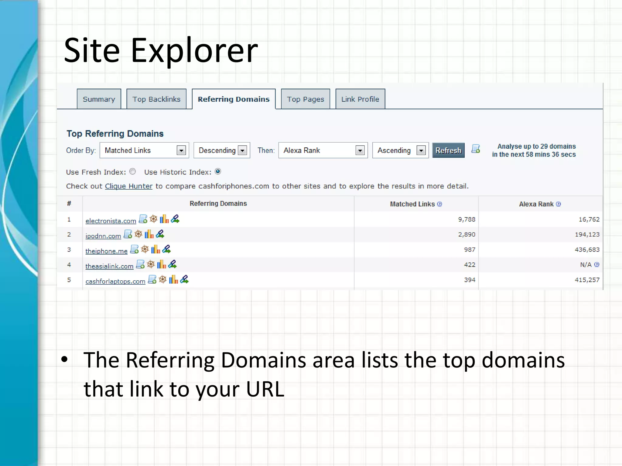 Site Explorer




• The Referring Domains area lists the top domains
  that link to your URL
 