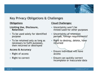 Key Privacy Obligations & Challenges
    Obligations                          Cloud Challenges:
    Limiting Use, Disclosure,             Uncertainty won’t be
      Retention                            mined/used for other purposes
     To be used solely for identified    Uncertainty of retention
       purpose                             periods, foreign requirements?
     To be retained only as long as      Right to destroy, delete, have
       necessary to fulfil purposes,       returned
       then returned or destroyed
    Access & Accuracy
                                          Ensure individual will have
     Right of access                      access
     Right to correct                    Ensure can quickly correct
                                           incomplete or inaccurate data


SLIDE 15                                                       STIKEMAN ELLIOTT LLP
 