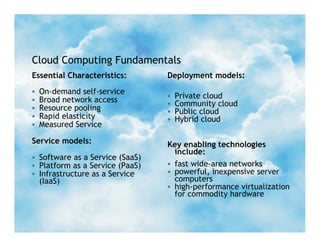 Cloud Computing Fundamentals
    Essential Characteristics:       Deployment models:
         On-demand self-service
         Broad network access          Private cloud
                                        Community cloud
         Resource pooling              Public cloud
         Rapid elasticity              Hybrid cloud
         Measured Service

    Service models:                  Key enabling technologies
                                       include:
     Software as a Service (SaaS)
     Platform as a Service (PaaS)    fast wide-area networks
     Infrastructure as a Service     powerful, inexpensive server
          (IaaS)                       computers
                                      high-performance virtualization
                                       for commodity hardware


SLIDE 3                                                    STIKEMAN ELLIOTT LLP
 