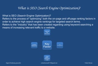 What is SEO (Search Engine Optimization)?
Digital Marketing Specialist vishalsharma00770@gmail.com Vishal Sharma
What is SEO (Search Engine Optimization)?
Refers to the process of “optimizing” both the on-page and off-page ranking factors in
order to achieve high search engine rankings for targeted search terms.
Refers to the “industry” that has been created regarding using keyword searching a
means of increasing relevant traffic to a website.
Key
Factor
Internal
Link
Structure
Link
Popularity/Relevanc
e
Crawl
ability /
Optimized
Code
Content
Relevance
 
