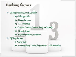 Ranking factors
 On-Page Factors(Code & Content)
#3 - Titletags <title>
#5 - Header tags <h1>
#4 - ALTimage tags
#1 - Content, Content, Content (Body text) <body>
#6 - Hyperlink text
#2 - Keyword frequency& density
 Off-Page Factors
#1 Anchor text
#2 - LinkPopularity votes for your site – adds credibility
 
