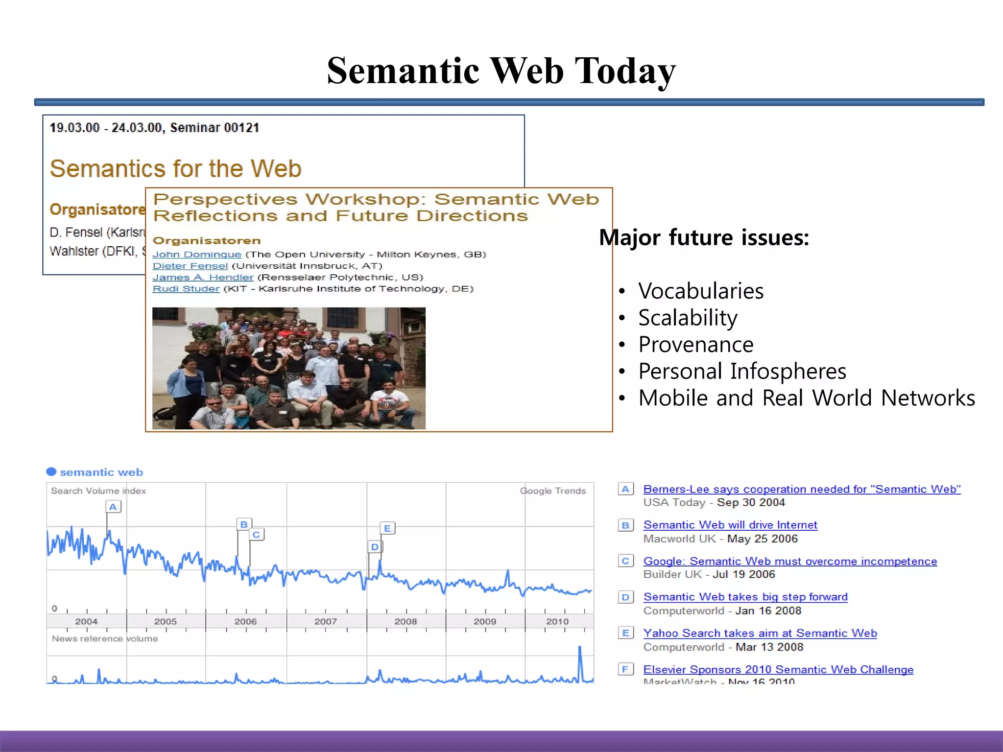Semantic Web Today



             Major future issues:

              •   Vocabularies
              •   Scalability
              •   Provenance
              •   Personal Infospheres
              •   Mobile and Real World Networks
 