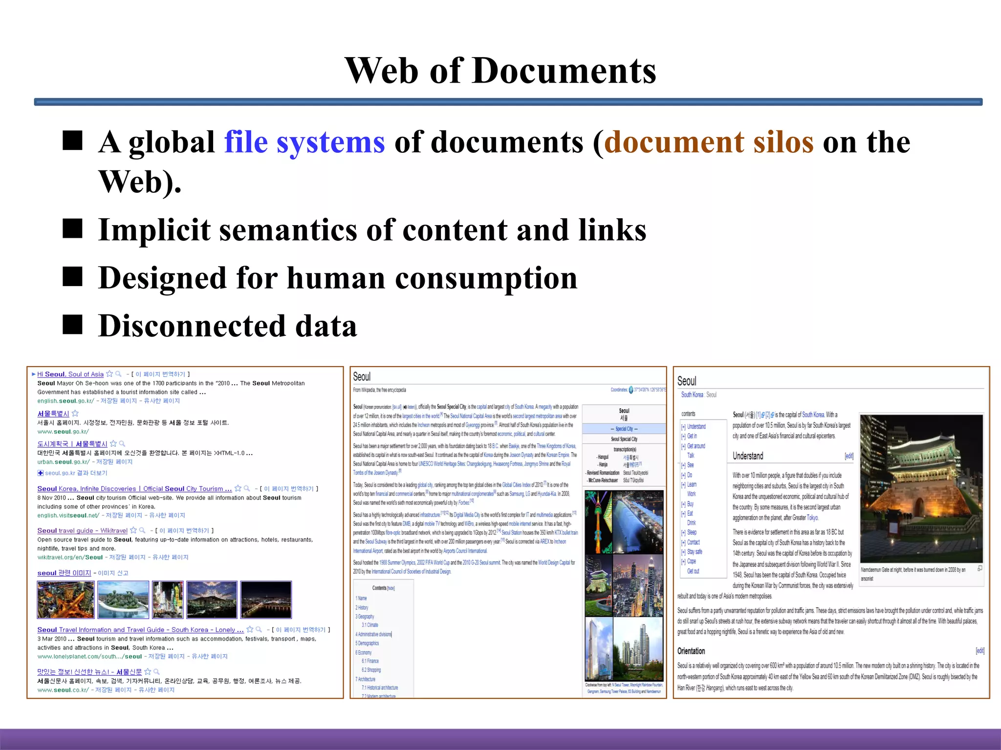 Web of Documents
 A global file systems of documents (document silos on the
  Web).
 Implicit semantics of content and links
 Designed for human consumption
 Disconnected data
 