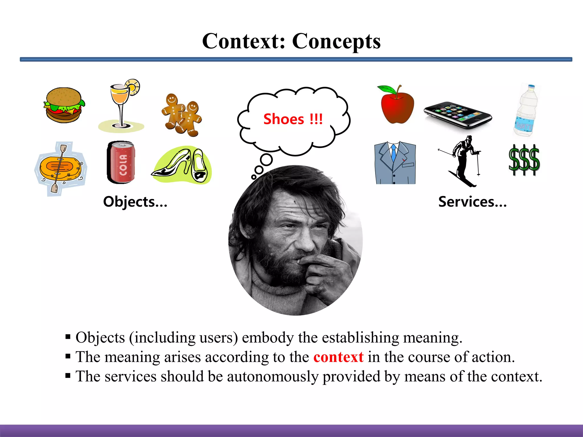 Context: Concepts


                               ???
                             Shoes !!!




     Objects…                                          Services…




 Objects (including users) embody the establishing meaning.
 The meaning arises according to the context in the course of action.
 The services should be autonomously provided by means of the context.
 