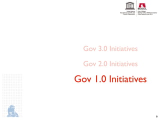 Gov 3.0 Initiatives

  Gov 2.0 Initiatives

Gov 1.0 Initiatives


                        9
 