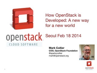 How OpenStack is
Developed: A new way
for a new world
Seoul Feb 18 2014
Mark Collier

COO, OpenStack Foundation
@sparkycollier
mark@openstack.org

1

 