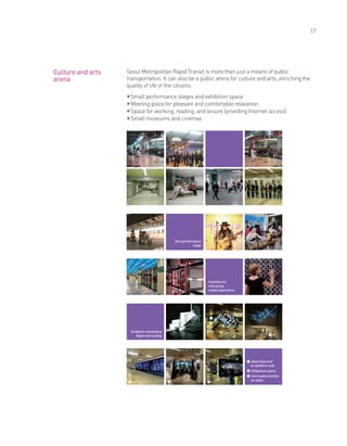 17
Seoul Metropolitan Rapid Transit is more than just a means of public
transportation. It can also be a public arena for culture and arts, enriching the
quality of life of the citizens.
▶Small performance stages and exhibition space
▶Meeting plaza for pleasant and comfortable relaxation
▶Space for working, reading, and leisure (providing Internet access)
▶Small museums and cinemas
Culture and arts
arena
❶ ❷ ❸
Facilities for
interactive
media experience
Arts performance
stage
❶ Advertisement
on platform wall
❷ Ubiquitous space
❸ Information booths
on walls
Sculpture converging
digital and analog
 