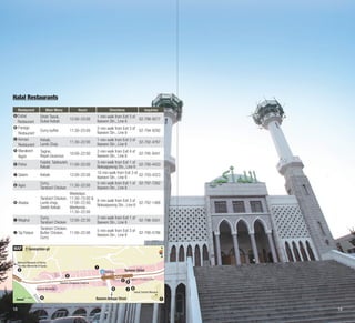 Halal Restaurants
Restaurant
a 	Dubai

Restaurant
b 	 oreign
F
Restaurant
c 	 ervan
K
Restaurant
d 	 arakech
M
Night

Main Menu

Hours

12:00–23:00

Curry buffet

11:30–23:00

2-min walk from Exit 3 of
02-794-9292
Itaewon Stn., Line 6

Kebab,
Lamb Chop

11:30–22:00

1-min walk from Exit 3 of
02-792-4767
Itaewon Stn., Line 6

Tagine,
Royal couscous

10:00–22:00

2-min walk from Exit 4 of
02-795-9441
Itaewon Stn., Line 6

	 Petra

Falafel, Tabbouleh,
11:00–22:00
Kebab

f

	 Salam

Kebab

h 	 Alsaba

i

	 Moghul

j

	 Taj Palace

MAP

12:00–22:00

Curry,
11:30–22:00
Tandoori Chicken
Weekdays:
Tandoori Chicken, 11:30–15:00 
Lamb chop,
17:00–22:00;
Seekh Kebab
Weekends:
11:30–22:00
Curry,
12:00–22:30
Tandoori Chicken
Tandoori Chicken,
Butter Chicken, 11:00–22:00
Curry

8-min walk from Exit 3 of
02-792-1488
Noksapyeong Stn., Line 6
2-min walk from Exit 1 of
02-796-5501
Itaewon Stn., Line 6
5-min walk from Exit 3 of
02-790-5786
Itaewon Stn., Line 6

i
Hamilton

g

Nok

sap
yeo
n

g

Line6

Itaewon Market

18

3-min walk from Exit 1 of
02-790-4433
Noksapyeong Stn., Line 6
10-min walk from Exit 3 of
02-793-4323
Itaewon Stn., Line 6
5-min walk from Exit 1 of 02-797-7262
Itaewon Stn., Line 6

Gyeongridan-gil

National Museum of Korea
The War Memorial of Korea
e

0

Inquiries

1-min walk from Exit 3 of
02-798-9277
Itaewon Stn., Line 6

e

g 	 Agra

Directions

Shish Taouk,
Dubai Kebab

50

100m

h

1
4

Itaewon Shopping Center

2

Itaewon Street

Itaewon
c

3

d

Itaewon Antique Street

a
j

Itaewon 119 safety center

b
Seoul Central Mosque

f

18

19

 