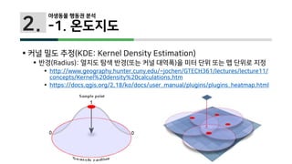 2.
 커널 밀도 추정(KDE: Kernel Density Estimation)
 반경(Radius): 열지도 탐색 반경(또는 커널 대역폭)을 미터 단위 또는 맵 단위로 지정
 http://www.geography.hunter.cuny.edu/~jochen/GTECH361/lectures/lecture11/
concepts/Kernel%20density%20calculations.htm
 https://docs.qgis.org/2.18/ko/docs/user_manual/plugins/plugins_heatmap.html
야생동물 행동권 분석
-1. 온도지도
 