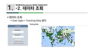 1.
무브뱅크(Movebank) 데이터 다운로드하기
-2. 데이터 조회
 데이터 조회
 User login > Tracking Data 클릭
 