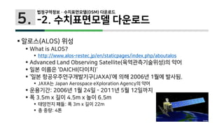 5.
 알로스(ALOS) 위성
 What is ALOS?
 http://www.alos-restec.jp/en/staticpages/index.php/aboutalos
 Advanced Land Observing Satellite(육역관측기술위성)의 약어
 일본 이름은 'DAICHI(다이치)‘
 ‘일본 항공우주연구개발기구(JAXA)’에 의해 2006년 1월에 발사됨.
 JAXA는 Japan Aerospace eXploration Agency의 약어
 운용기간: 2006년 1월 24일 - 2011년 5월 12일까지
 폭 3.5m x 길이 4.5m x 높이 6.5m
 태양전지 패들: 폭 3m x 길이 22m
 총 중량: 4톤
법정구역정보 · 수치표면모델(DSM) 다운로드
-2. 수치표면모델 다운로드
 