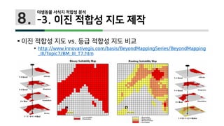 8.
 이진 적합성 지도 vs. 등급 적합성 지도 비교
 http://www.innovativegis.com/basis/BeyondMappingSeries/BeyondMapping
_III/Topic7/BM_III_T7.htm
야생동물 서식지 적합성 분석
-3. 이진 적합성 지도 제작
 