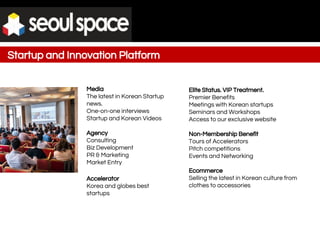 Media
The latest in Korean Startup
news.
One-on-one interviews
Startup and Korean Videos
Agency
Consulting
Biz Development
PR & Marketing
Market Entry
Elite Status. VIP Treatment.
Premier Benefits
Meetings with Korean startups
Seminars and Workshops
Access to our exclusive website
Non-Membership Benefit
Tours of Accelerators
Pitch competitions
Events and Networking
Ecommerce
Selling the latest in Korean culture from
clothes to accessories
Startup and Innovation Platform
Accelerator
Korea and globes best
startups
 