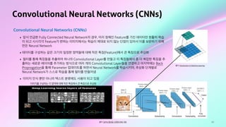 60
Convolutional Neural Networks (CNNs)
Convolutional Neural Networks (CNNs)
‣ 앞서 언급한 Fully Connected Neural Network의 경우, 미리 정해진 Feature를 가진 데이터만 원활히 학습
이 되고 시시각각 Feature가 변하는 이미지에서는 학습이 제대로 되지 않는 단점이 있어서 이를 보완하기 위해
만든 Neural Network
‣ 데이터를 구성하는 같은 크기의 일정한 영역들에 대해 작은 특징(Feature)에서 큰 특징으로 추상화
‣ 필터를 통해 특징들을 추출하여 하나의 Convolutional Layer를 만들고 이 특징들에서 좀 더 복잡한 특징을 추
출하는 새로운 레이어를 추가하는 방식으로 여러 개의 Convolutional Layer들을 연결하고 마지막에는 Back
Proprogation을 통해 Parameter 업데이트를 하면서 Neural Network를 학습시키며, 추상화 단계별로
Neural Network가 스스로 학습을 통해 필터를 만들어냄
‣ 이미지 인식 뿐만 아니라 텍스트 분류에도 사용이 되고 있음
출처: Introduction to Machine Learning
이미지를 구성하는 각 영역에 대해 작은 특징에서 큰 특징으로 추상화
출처: 딥러닝 합성곱 신경망(CNN) 개요
 