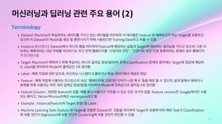 9
머신러닝과 딥러닝 관련 주요 용어 (2)
Terminology
‣ Dataset: Machine이 학습하려는 데이터를 가지고 있는 테이블을 의미하며 이 테이블은 Feature 와 예측하고자 하는 Target을 포함하고
있으며 이 Dataset이 Model을 생성 및 훈련시키기 위해 사용된다면 Training Data라고 부를 수 있음
‣ Instance (인스턴스): Dataset에서 하나의 행을 의미하며 Feature에 해당하는 값들과 Target에 해당하는 결과값을 가지고 있으며, 다른 의
미로는 예측하려는 대상 자체를 의미하기도 하고 만약 웹페이지를 “고양이와 관련”, “고양이와 무관”으로 분류하려는 문제의 경우 웹페이지
가 인스턴스임
‣ Target: Machine이 예측하기 위해 학습하는 하나의 결과값 정보(열)이며, 분류(Classiﬁcation) 문제의 경우에는 Target에 정답에 해당하
는 Label을 부여하며 Model의 출력값인 Y로 정의함
‣ Label : 예측 작업에 관한 답으로, 머신러닝 시스템이 도출하거나 학습 데이터에서 제공된 정답
‣ Feature : 예측 작업에 사용되는 인스턴스의 속성. ‘웹페이지에 고양이란 단어가 나온 횟수’ 등을 예로 들 수 있으며, 쉽게 말해서 예측이나
분류를 위해 사용되는 여러 개의 입력값 정보(열)을 의미하며 Model에 입력값으로 들어갈 X로 정의함
‣ Feature Column : 관련된 feature의 집합. 예를 들어 사용자가 거주할 수 있는 모든 국가의 집합. Feature column은 Google에서만 사용
되는 용어고, Yahoo/Microsoft에선 namespace라고 함
‣ Example : Instance(Feature와 Target 포함) 및 Label
‣ Machine Learning Task: Feature 와 Target을 포함한 Dataset의 조합을 의미하며 Target의 유형에 따라 해당 Task가 Classiﬁcation
에 속할 것인지 Regression에 속할 것인지 Clustering에 속할 것인지 판단할 수 있음
 
