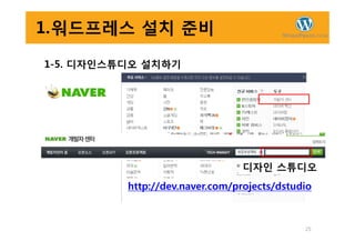 1.워드프레스 설치 준비
1-5. 디자인스튜디오 설치하기
25
디자인 스튜디오
http://dev.naver.com/projects/dstudio
 